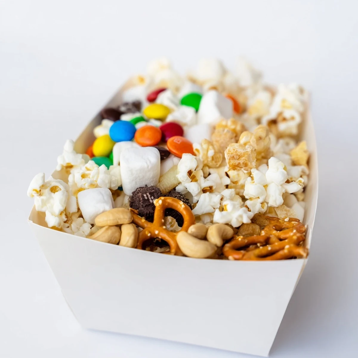Movie Night Popcorn Box Treat Display overflowing with colorful candies and salty snacks, perfect for sharing.