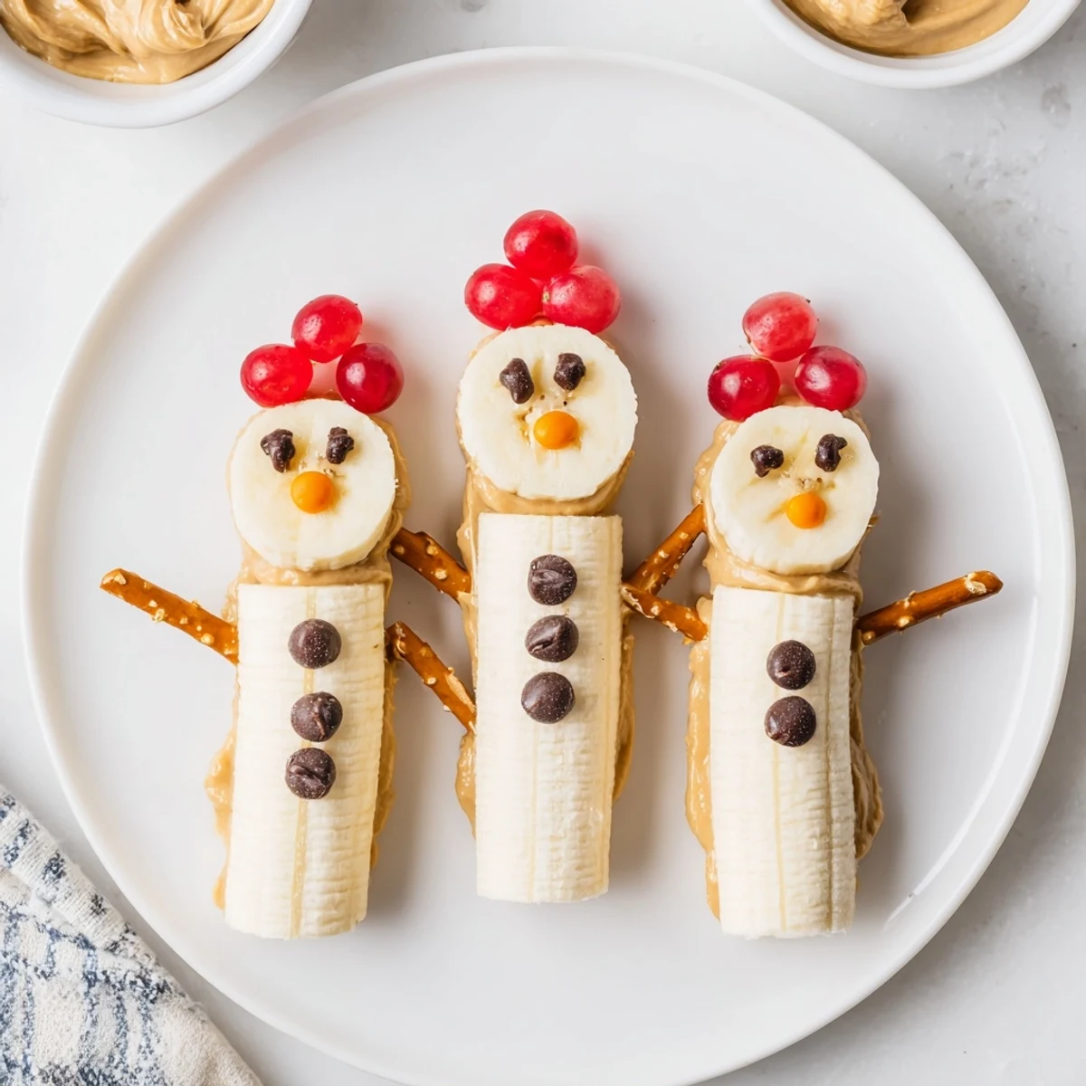 Sweet & easy-to-make Banana Peanut Butter Snowmen, a fun holiday snack with colorful fruit and candies.