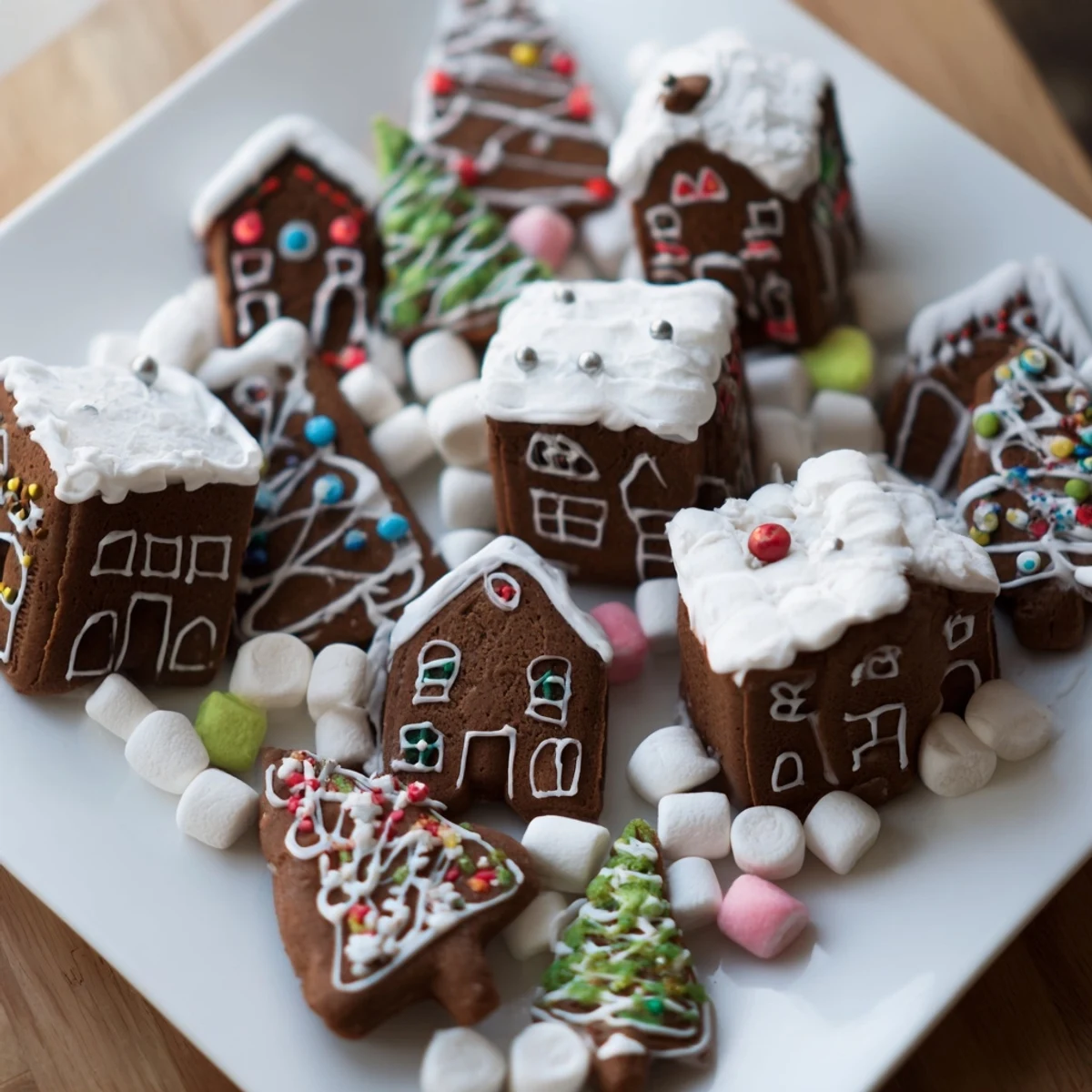Festive gingerbread village dessert board showcasing various decorated cookies and sweets, ready to enjoy.