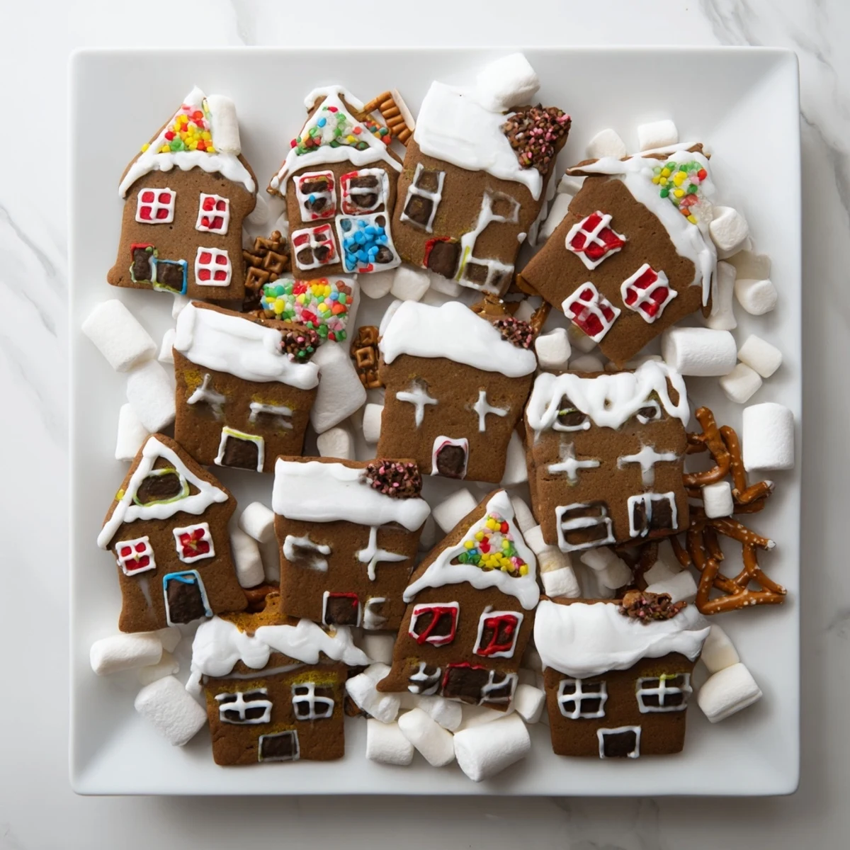 Close-up of a gingerbread village dessert spread with colorful candies and creamy dips for an amazing holiday treat.