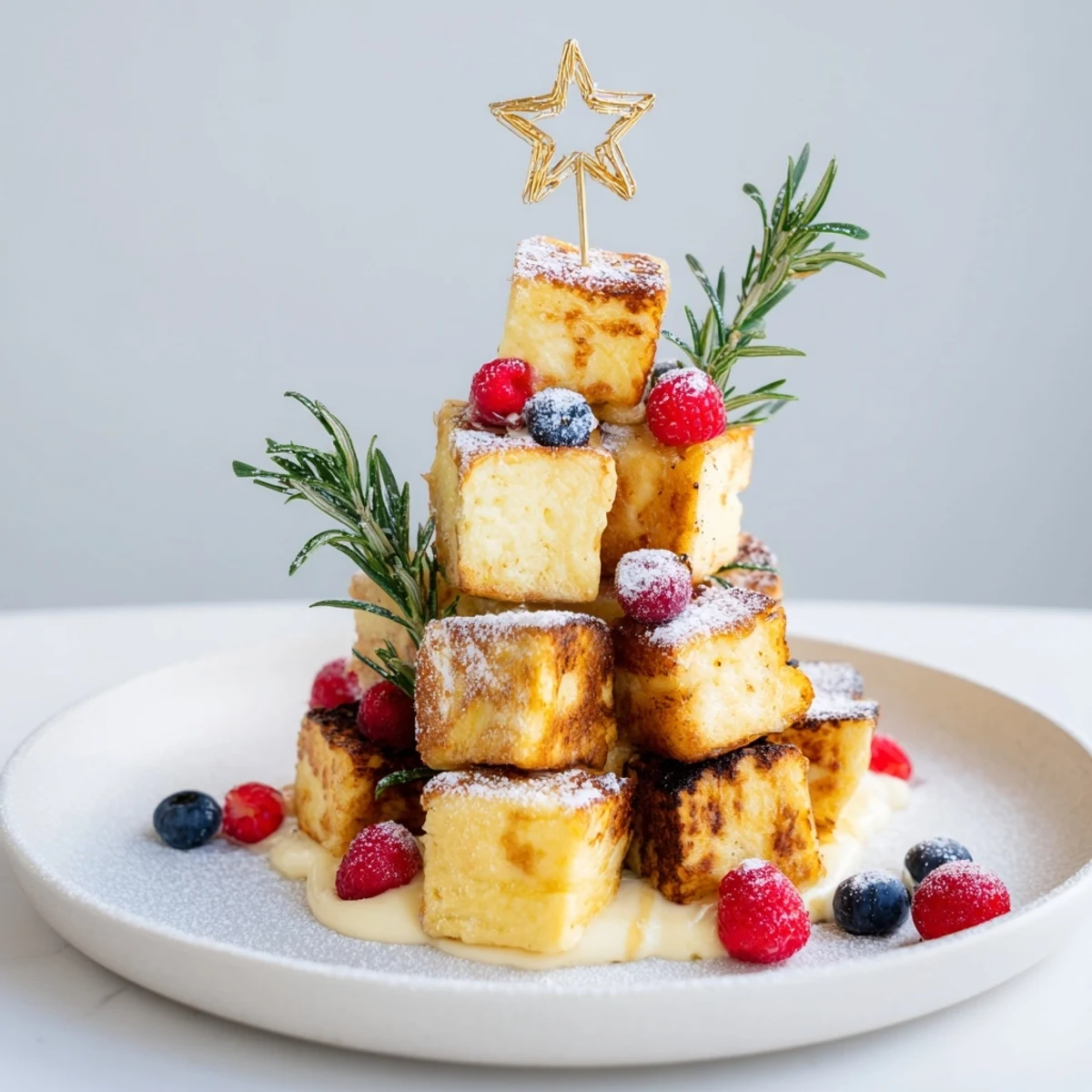 Golden brown Eggnog French Toast Bites forming a festive tree, ready for holiday brunch enjoyment.