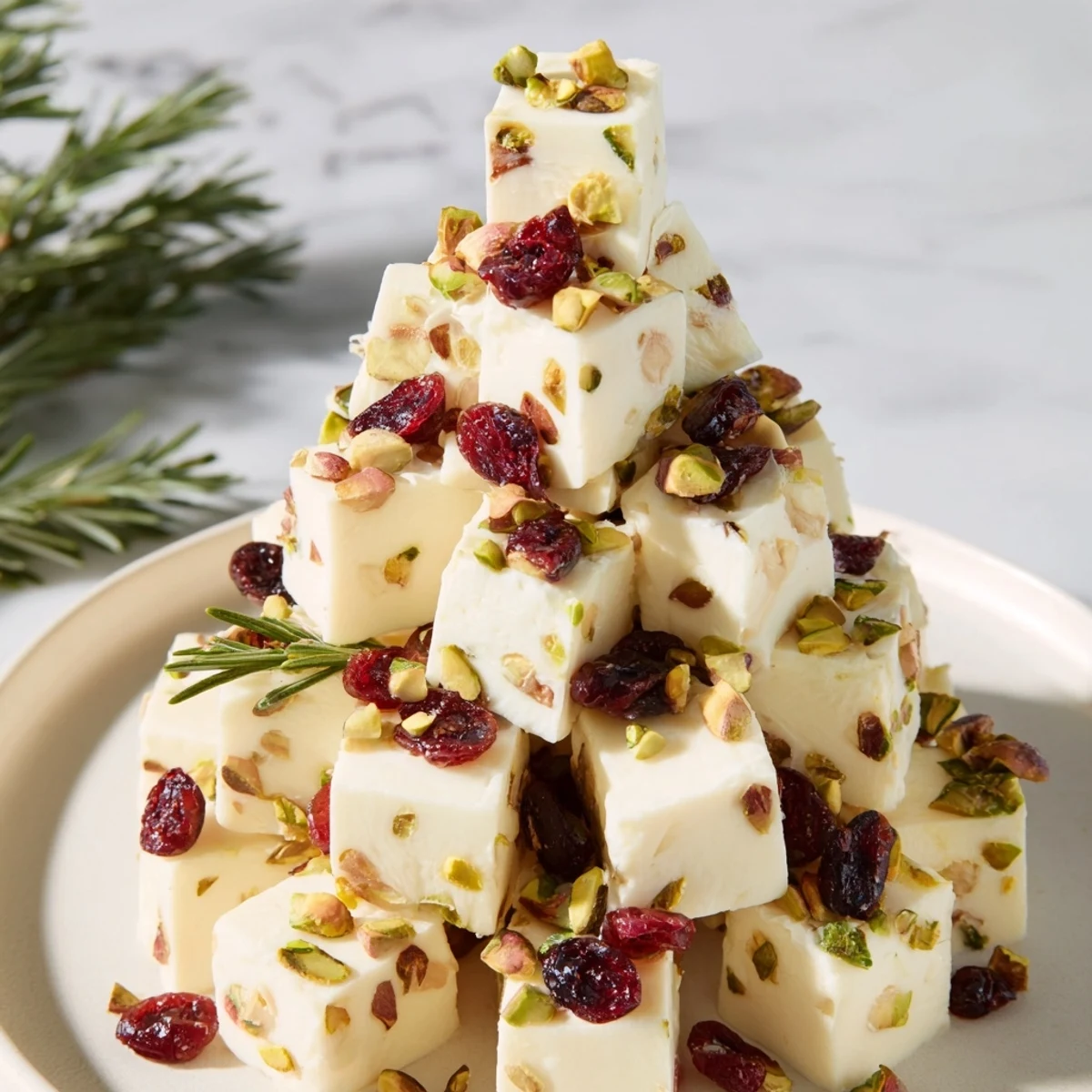 Festive Cranberry White Cheddar Tree appetizer: creamy cheddar, tart cranberries, and pistachios arranged on a platter.