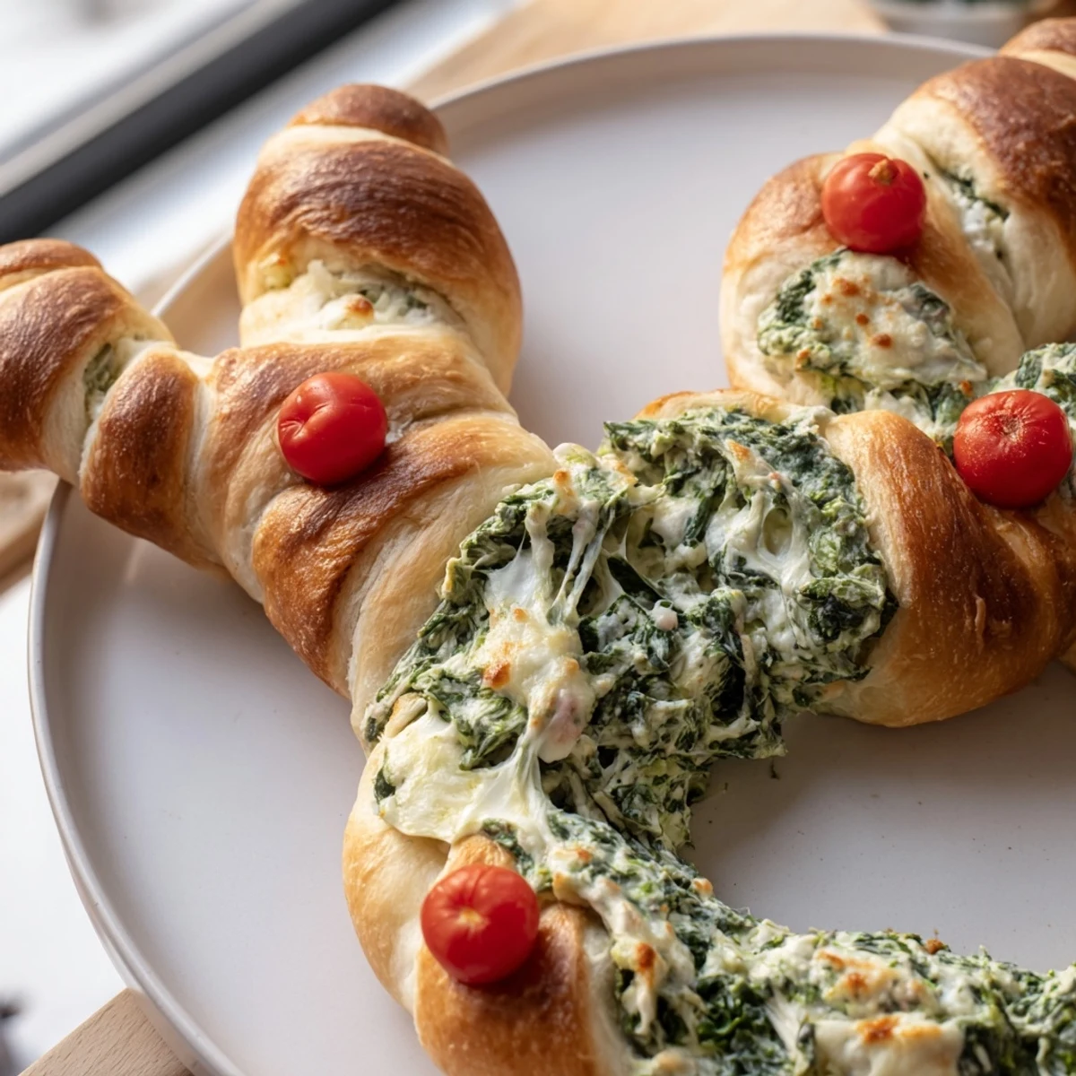 Golden-brown Reindeer Antler Spinach Dip Ring, a festive pull-apart appetizer, ready to serve warm.