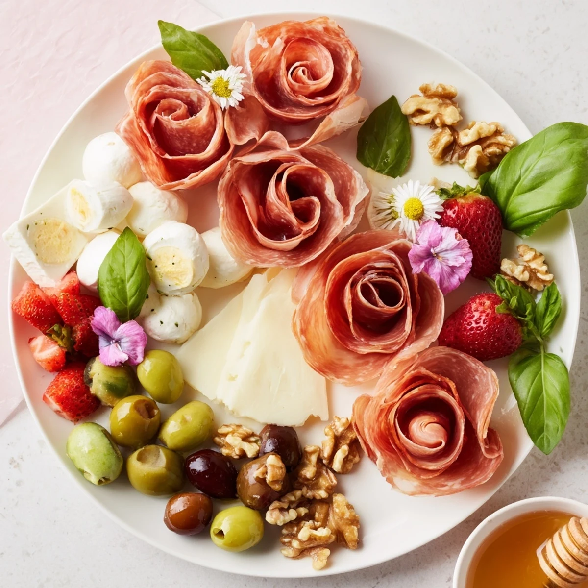 A beautiful Prosciutto Rose Bouquet Board with vibrant cheeses, fruits, and savory cured meats.