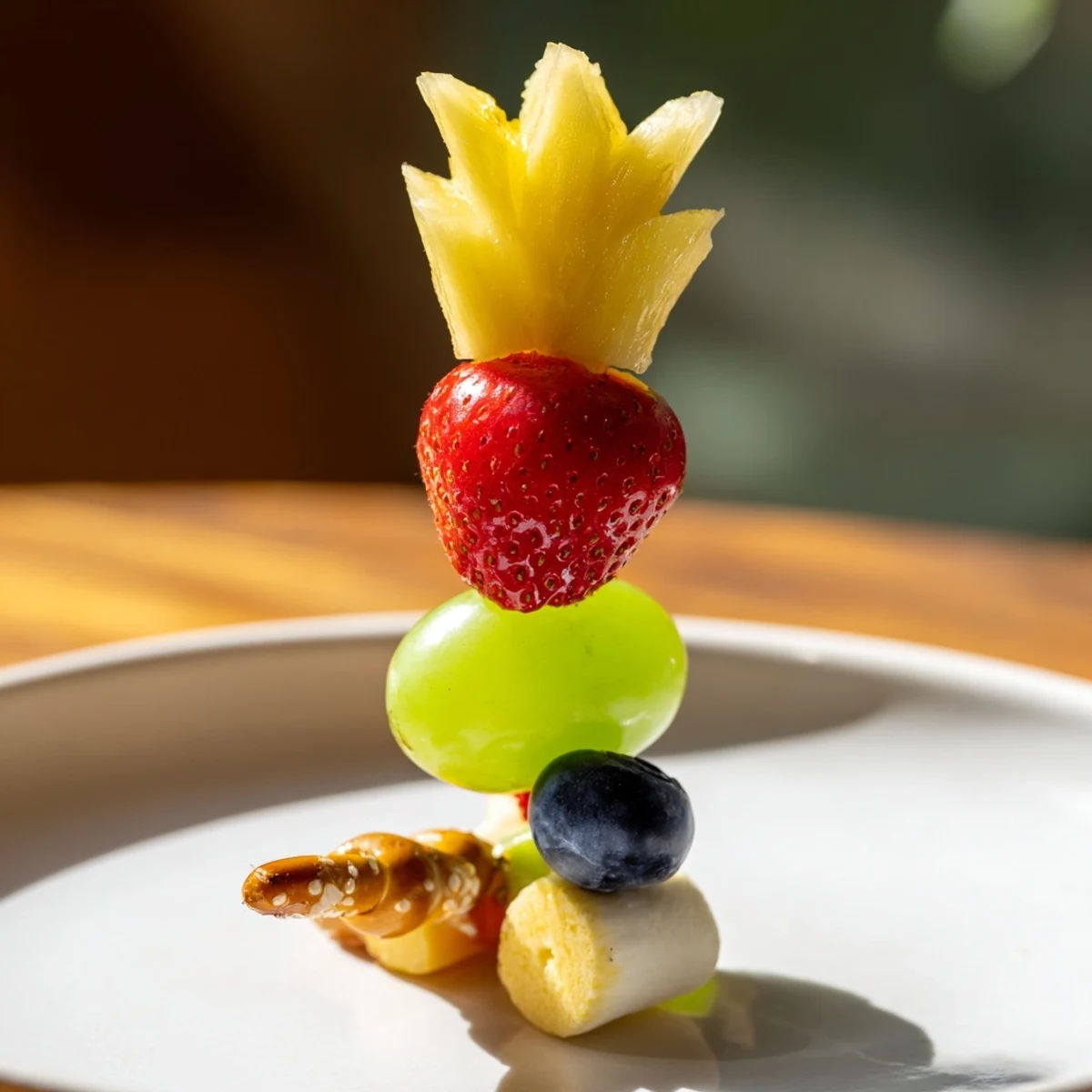 Colorful Christmas Light Fruit Skewers: a close-up shows juicy grapes and pineapple arranged on skewers.