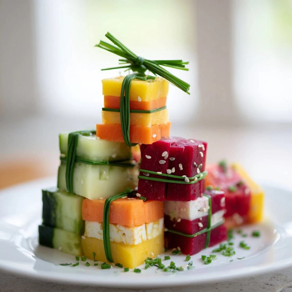 Vibrant photo of stacked gift box veggie cubes, a colorful, gluten-free vegetarian appetizer for guests.