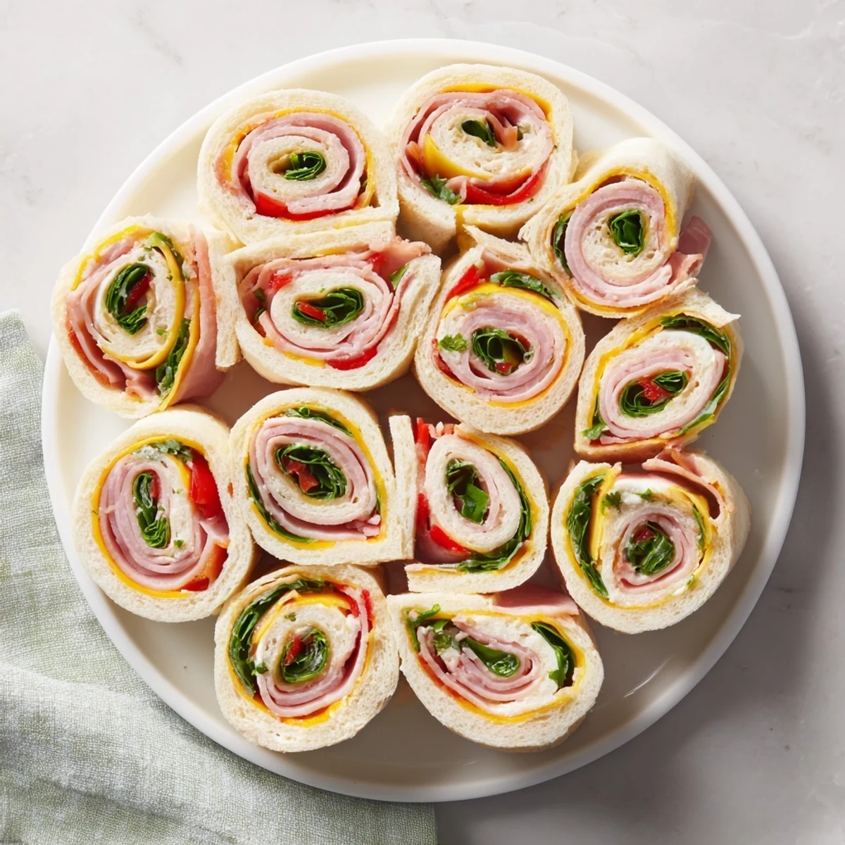 Freshly made Party Sandwiches: Star-shaped roll-ups brimming with savory meats and creamy cheese.