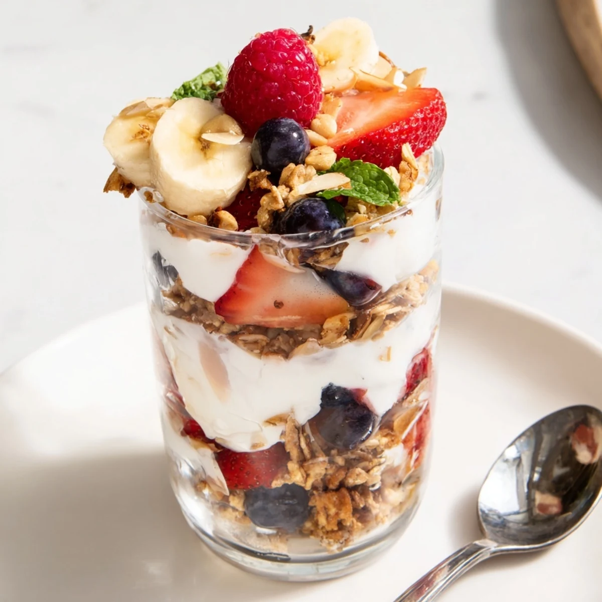 Layered Yogurt and Granola Parfait glasses with vibrant fruit, creating a visually appealing breakfast.