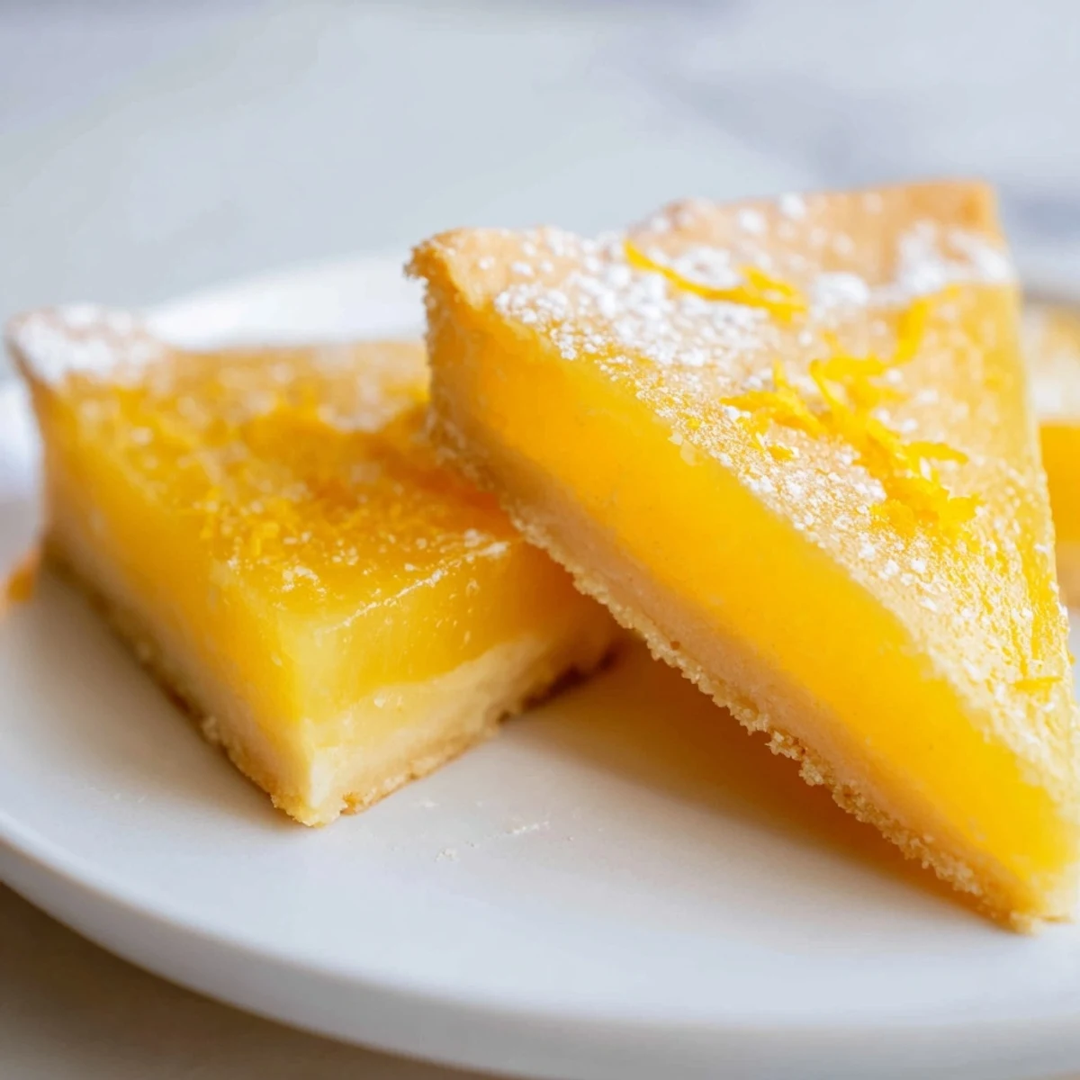 Close-up of freshly baked lemon bars, cut into triangles, with a buttery shortbread crust.