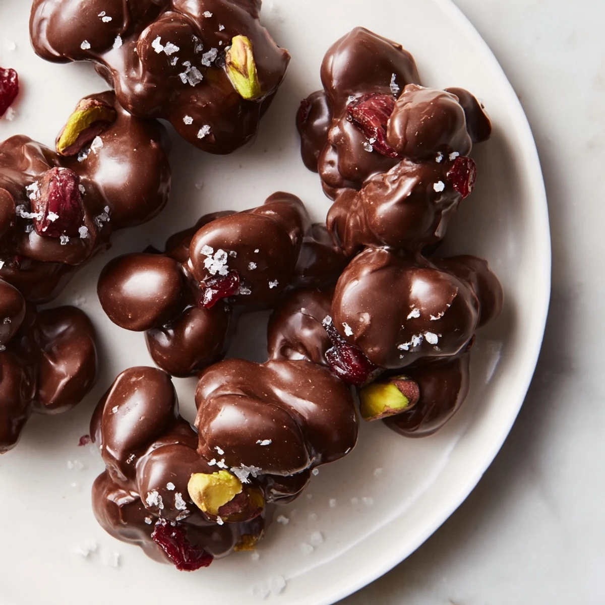 Delectable Pistachio and Dried Cranberry Clusters, perfect for a quick snack with dark chocolate's richness.