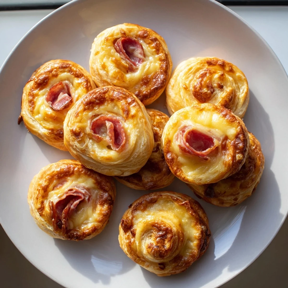 Golden, flaky Sliced Cheddar and Salami Scrolls, a savory appetizer with melted cheese and meat.