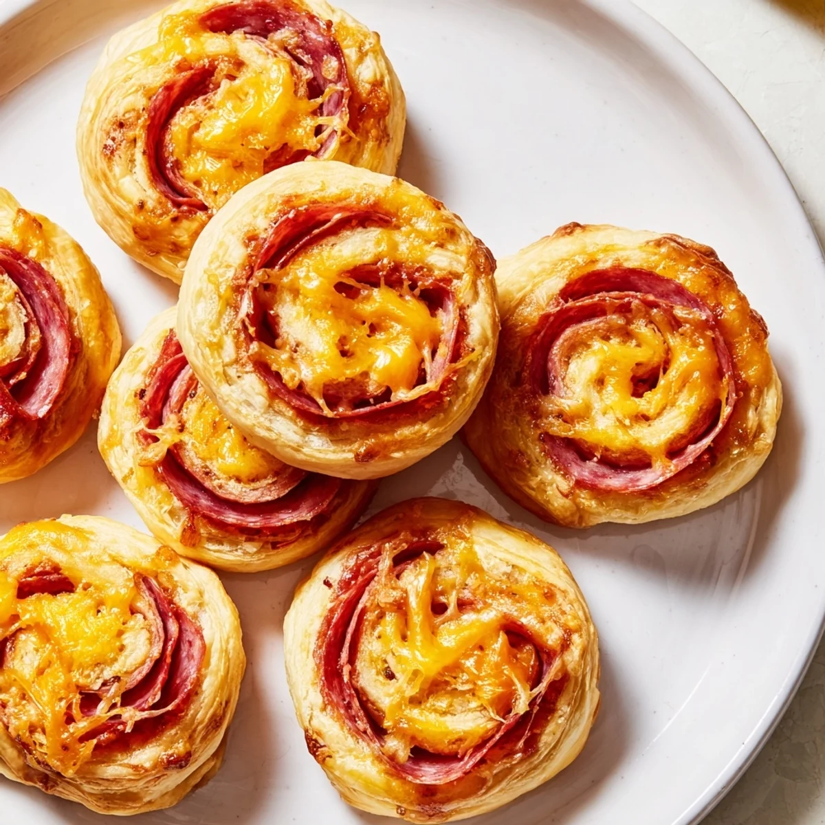 Warm, cheesy Sliced Cheddar and Salami Scrolls, brushed with egg and ready to be enjoyed as a snack.