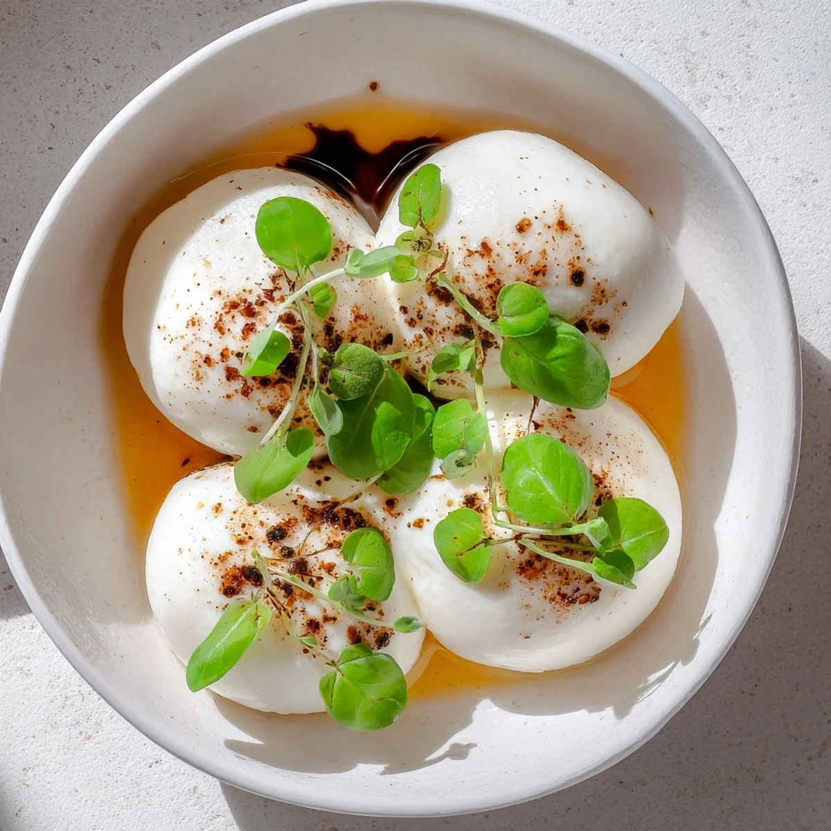 Creamy mozzarella pearls in a bowl, a simple Italian appetizer, ready to enjoy.