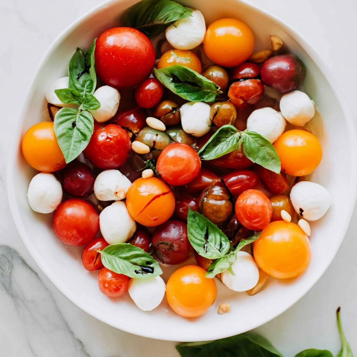 Mediterranean delight: close-up of a vibrant cherry tomato and basil ring, ready to eat.