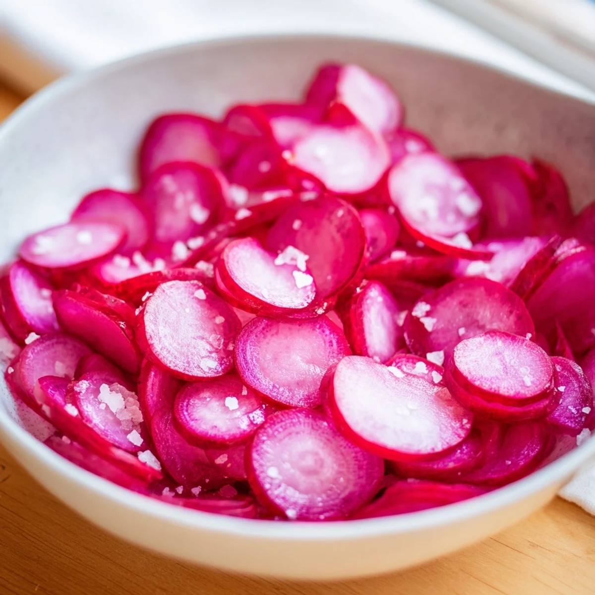 Close-up photo of fresh radish slices, lightly salted, a simple and quick snack idea.