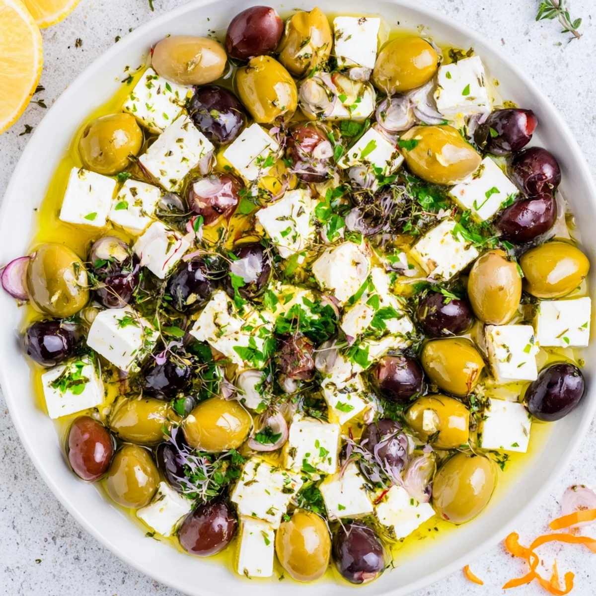 Holiday Mix: Mixed Olives with feta cubes marinating with herbs, ready to serve as a festive appetizer.