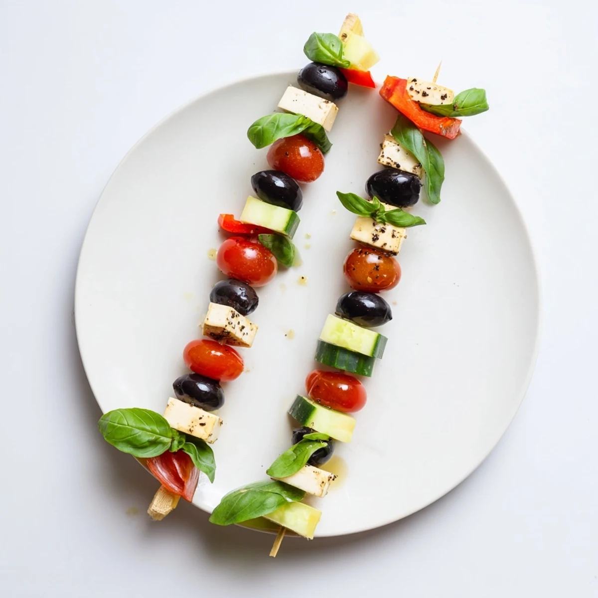 Visually stunning Double Helix Genetic Code appetizer: black olives, tomatoes, cool cucumber, and creamy cheese ready now.