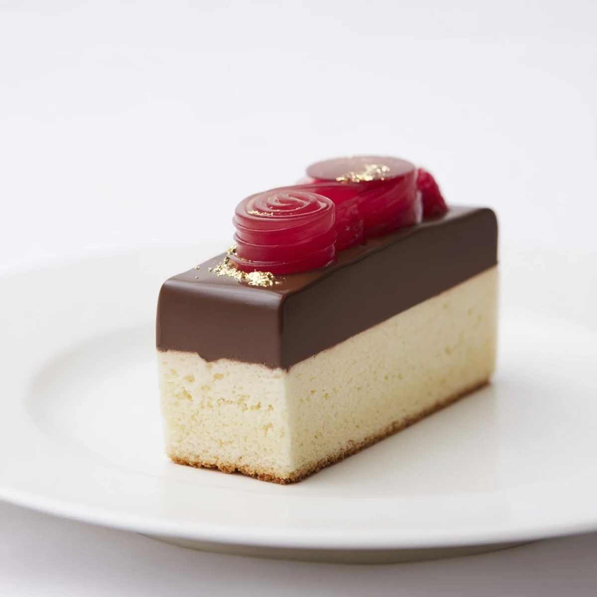 A photo of The Golden Ratio Shell, a layered dessert with spiral raspberry jelly and rich chocolate mousse.