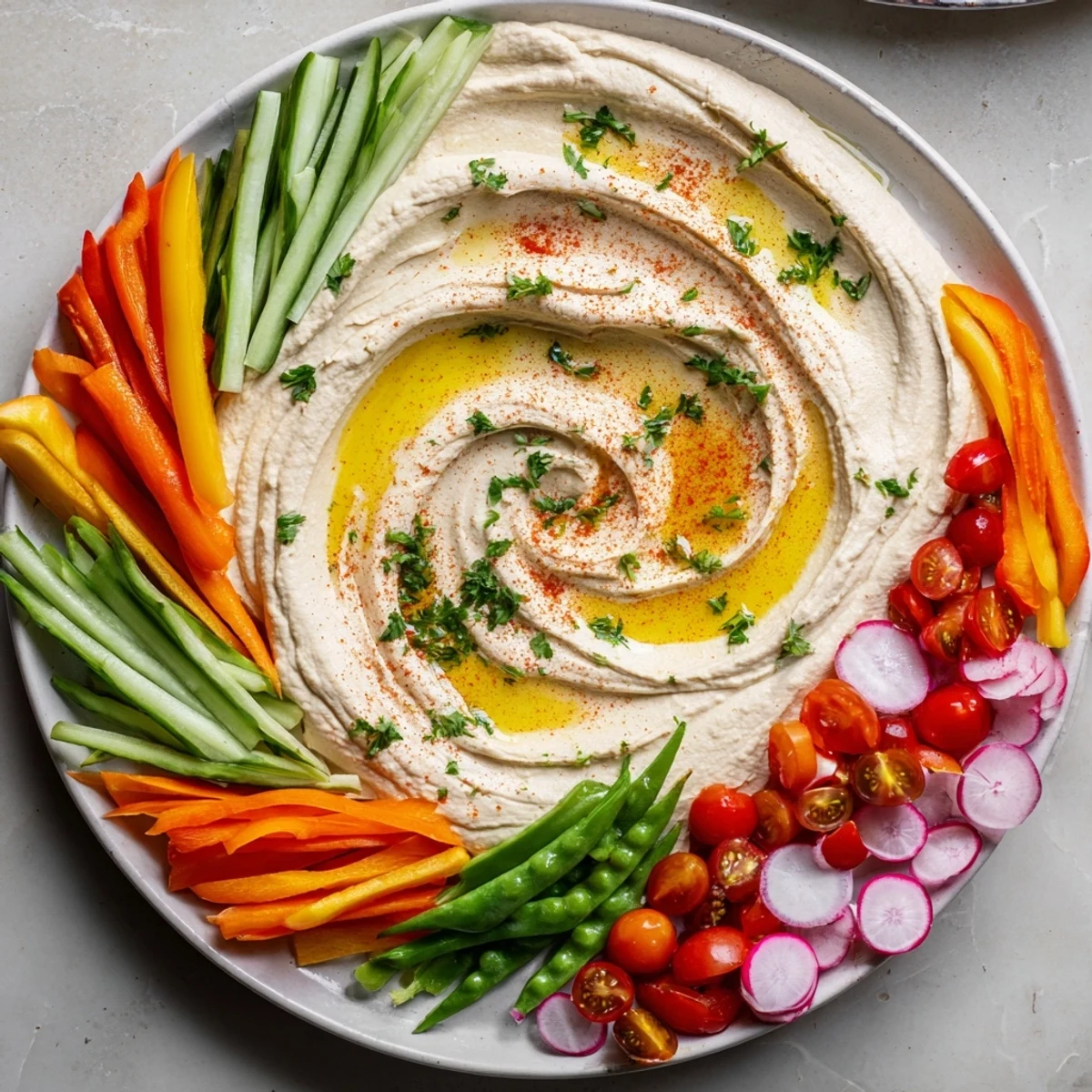 Vibrant vegetable tributaries merge with creamy hummus for this striking River Delta Flow appetizer.