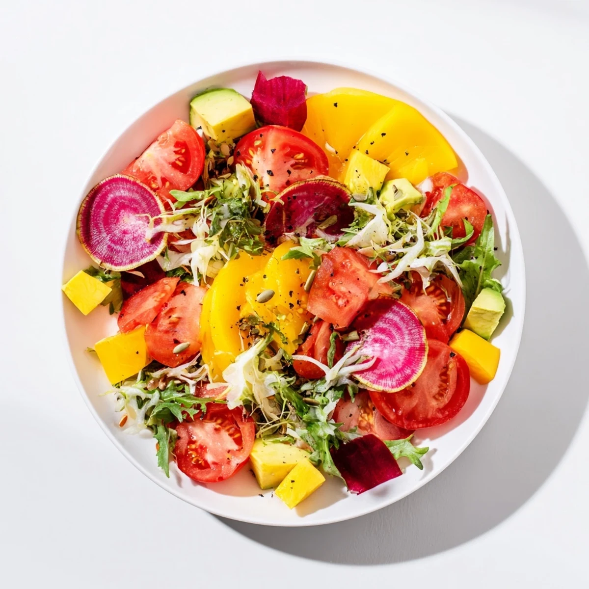 Abstract Expressionist Splash salad explodes with vibrant colors of tomatoes, beets, and watermelon.