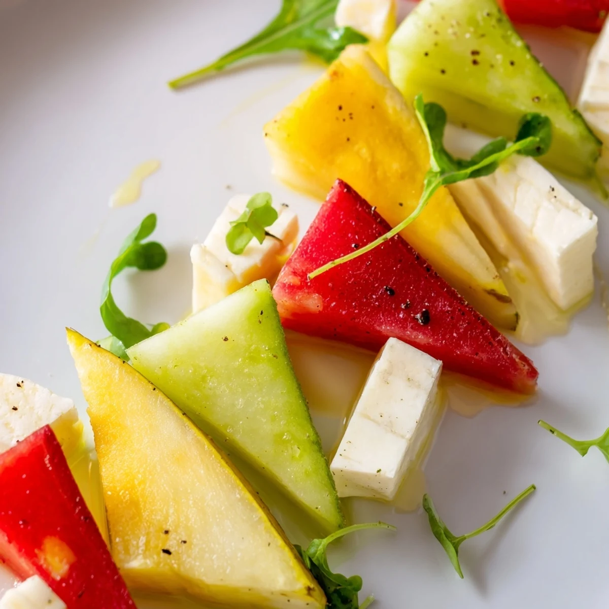 Vibrant deconstructed Cubist appetizer, artfully arranged geometric veggie and fruit components.