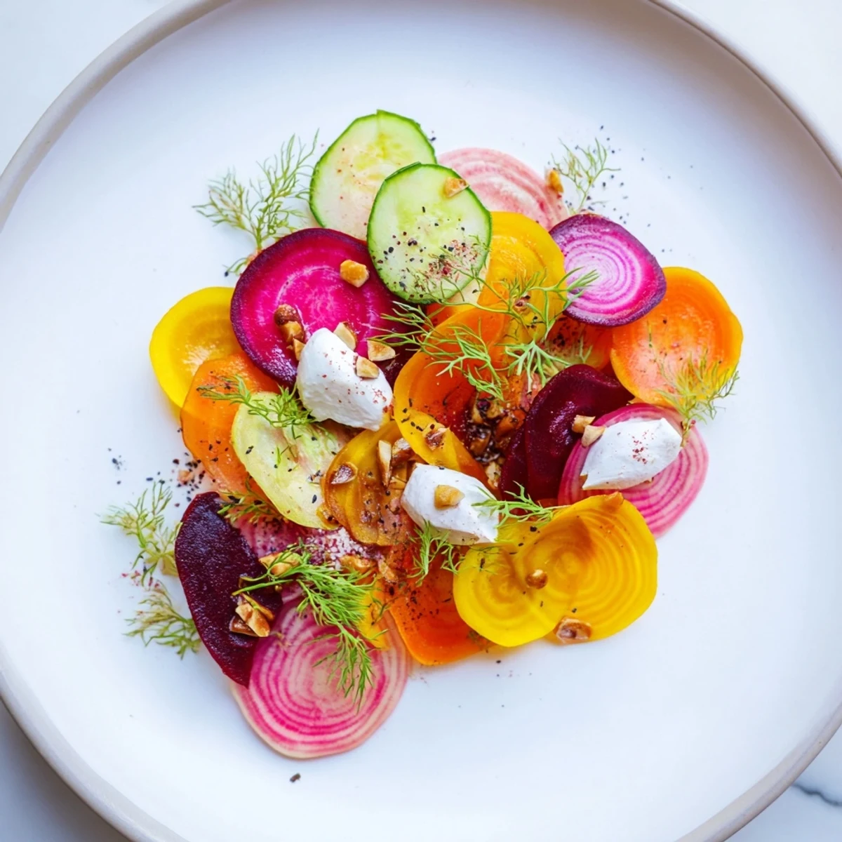 Kinetic Motion Blur appetizer features artfully arranged colorful vegetables, dotted with creamy goat cheese.