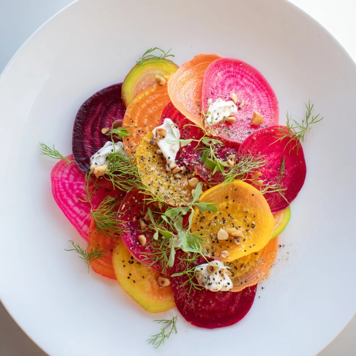 Vibrant plate of Kinetic Motion Blur includes fresh vegetables and herbs, ready to impress guests with color.