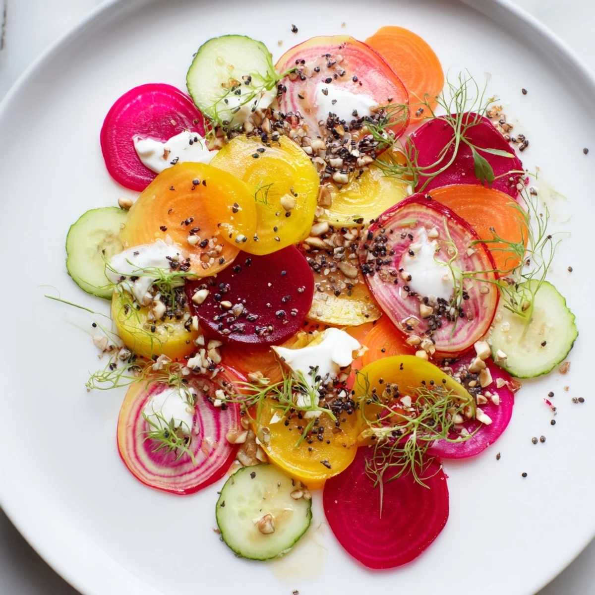 This visually dynamic Kinetic Motion Blur appetizer displays a beautiful arrangement of colorful slices and greens.