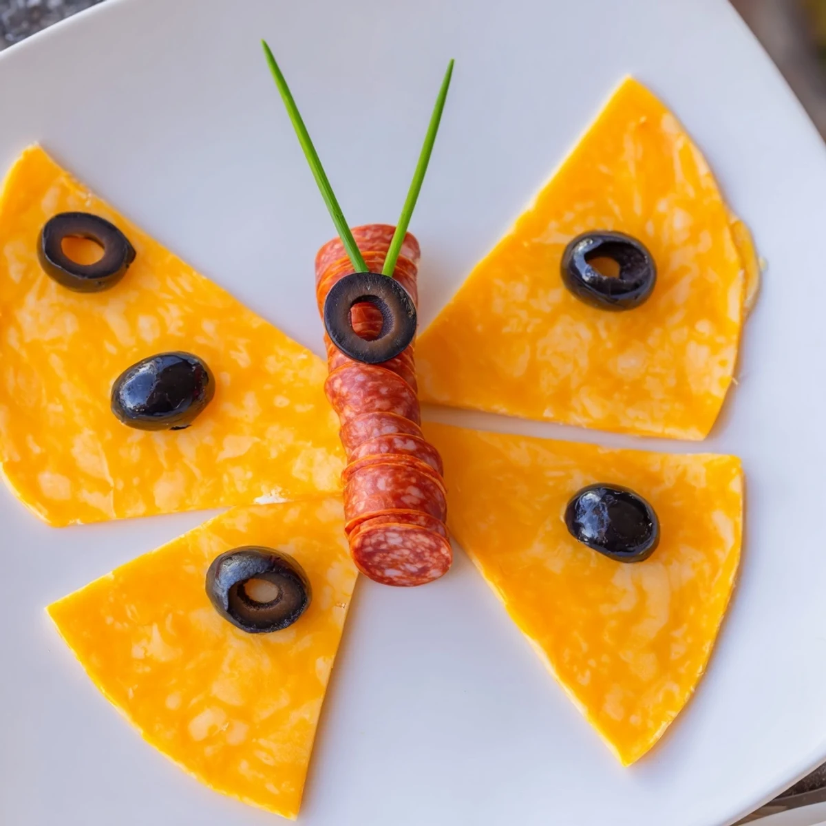 A playful The Butterfly Migration appetizer, bright cheddar wings beside a salami body and olive spots.