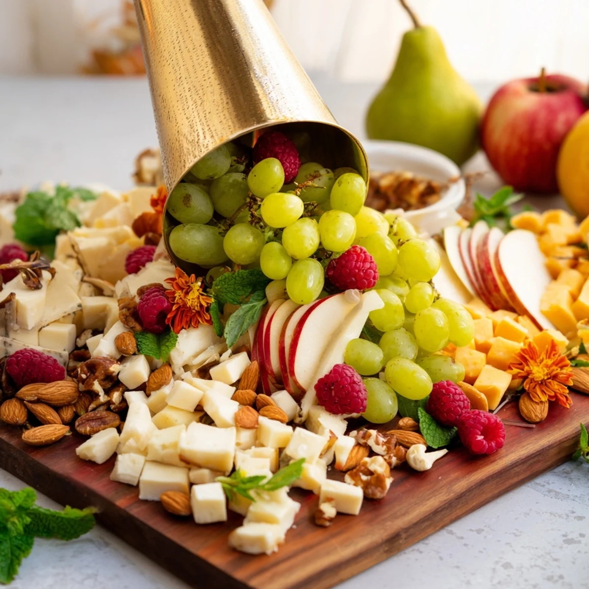 The Champagne Waterfall Board overflows with colorful fruits, cheeses, and crackers for festive sharing.