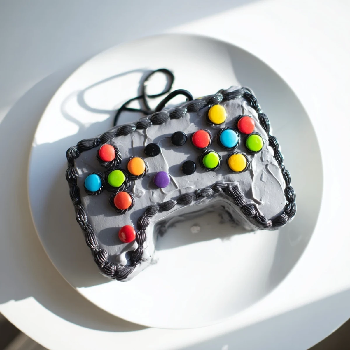 Vibrant Pixel Perfect Video Game Controller Board cake awaiting slicing, a sweet dessert centerpiece.