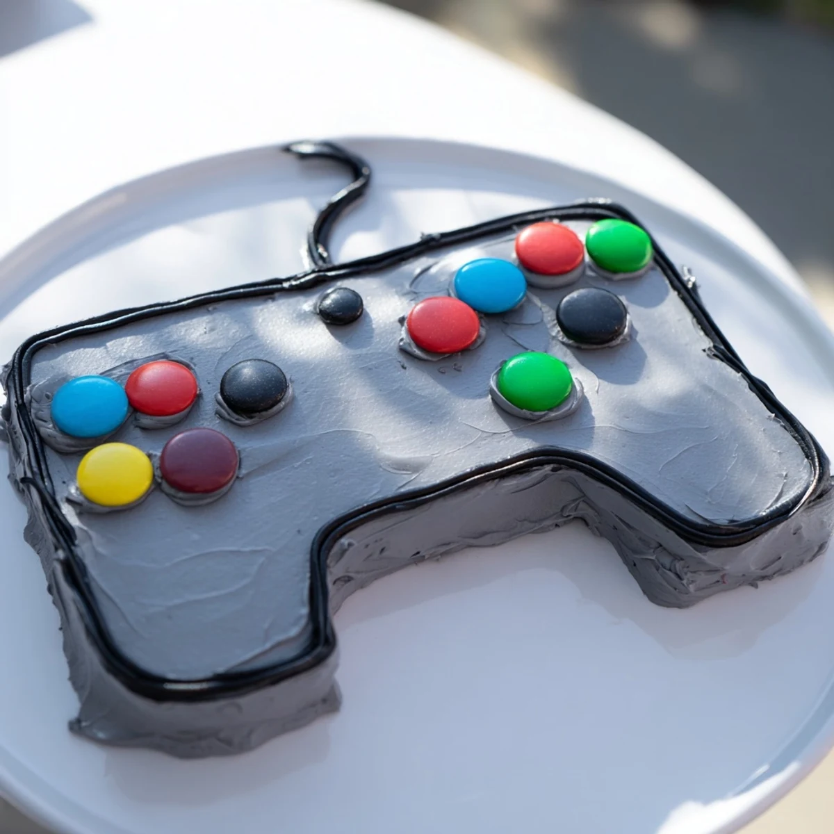 A colorful, frosted Pixel Perfect Video Game Controller Board cake decorated with candy buttons, ready to eat.