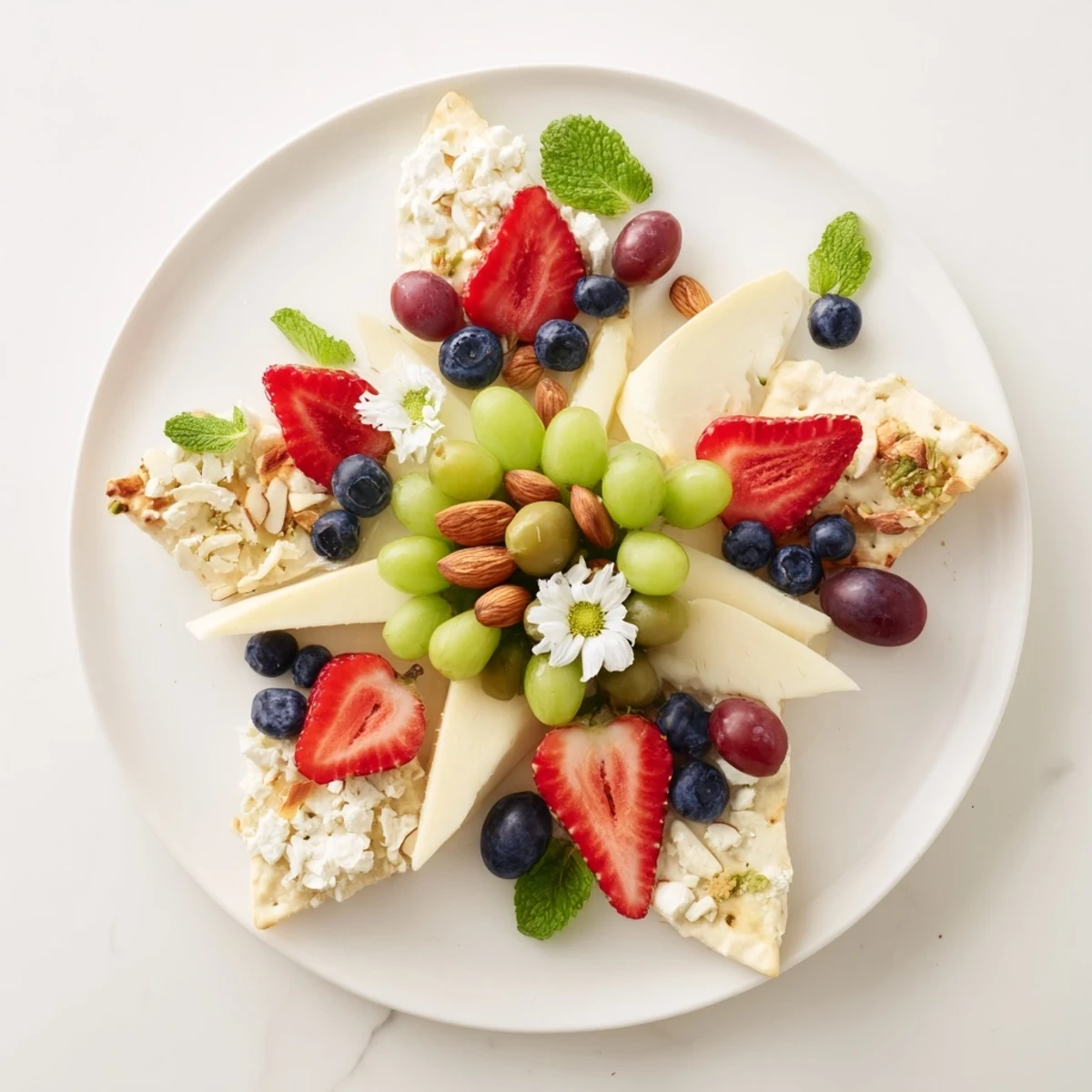 A beautifully arranged Negative Space Puzzle platter, showcasing vibrant fruits and cheeses.