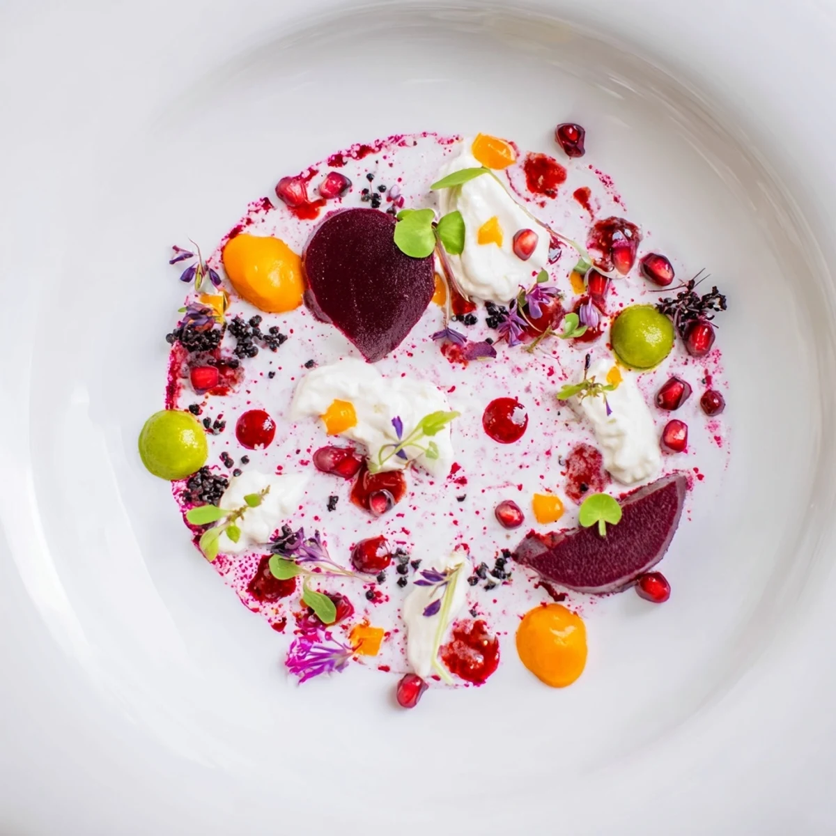 Freshly plated Pointillism Dot Matrix appetizer offers a delicious mix of colorful purees and textures ideal for sharing.