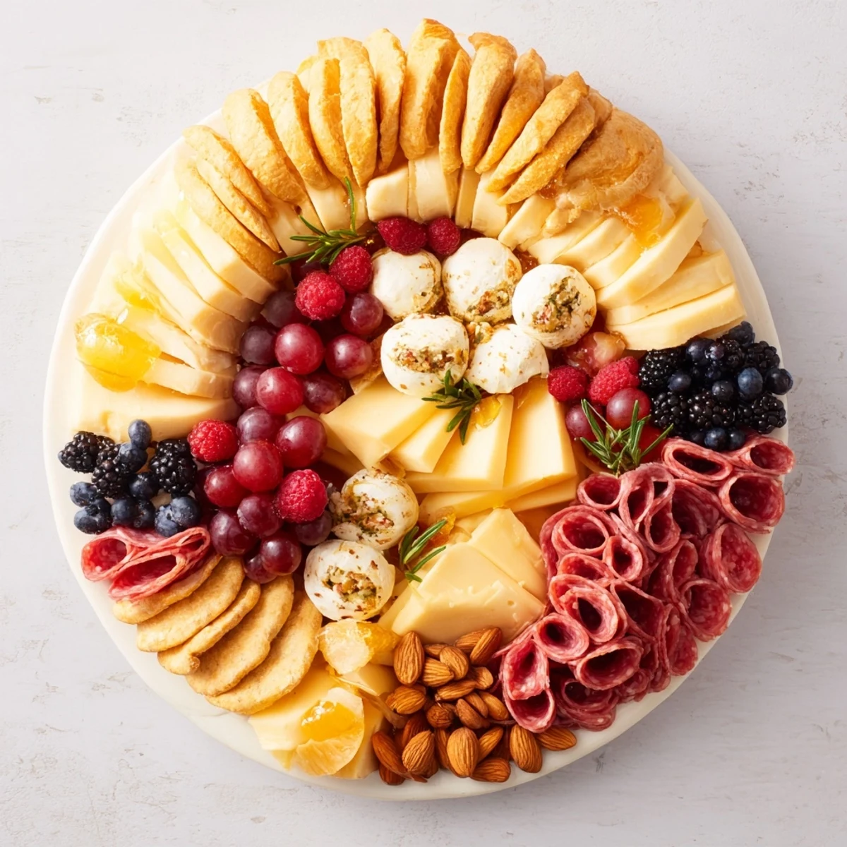 Close-up of The Ouroboros Circle appetizer platter, featuring cheeses, fruits, nuts, and crackers.