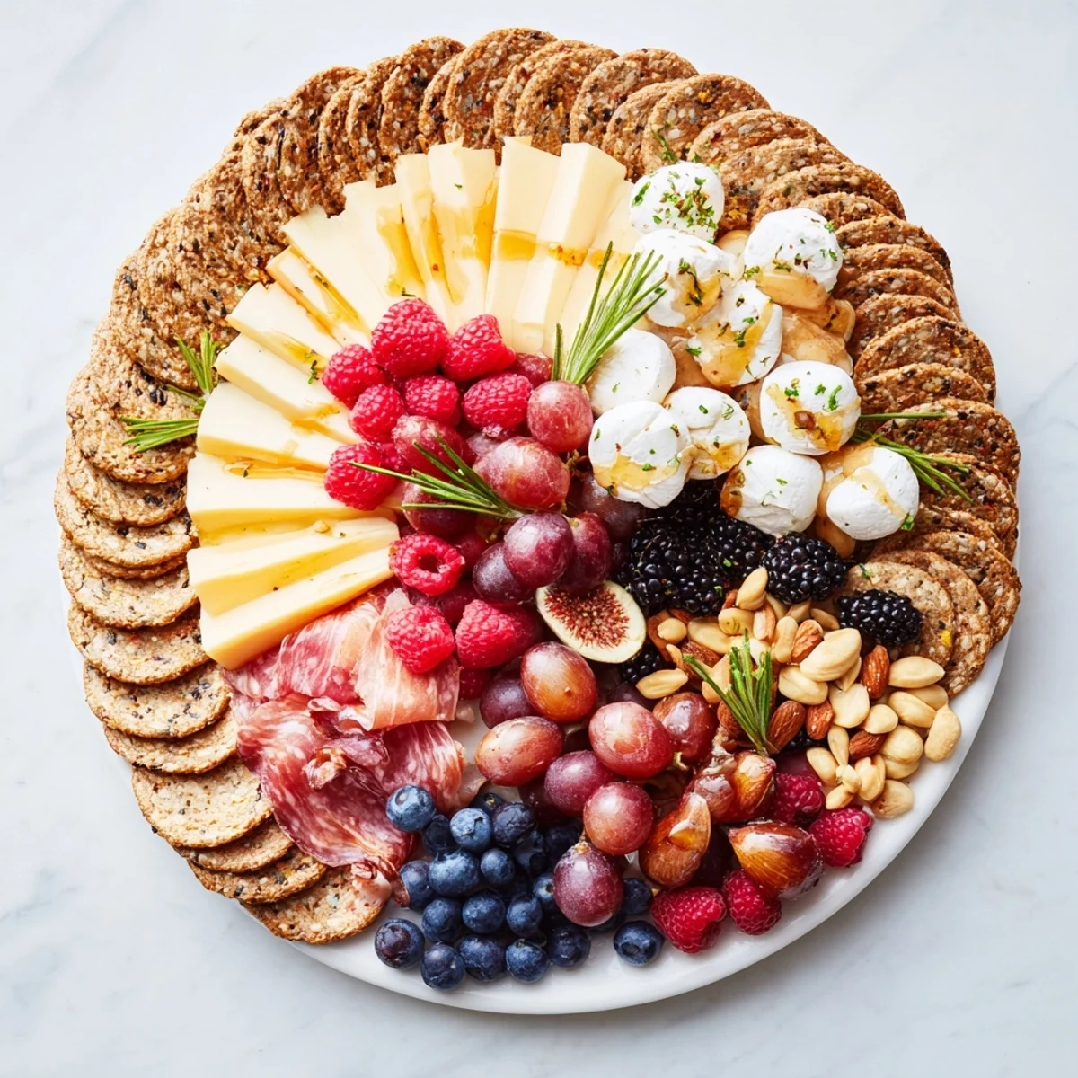 Delicious The Ouroboros Circle appetizer recipe with fanned crackers, goat cheese, and fresh berries.