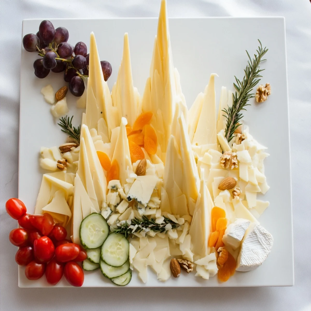 Artistic sculptural cheese landscape with tall cheese peaks and colorful fruits, perfect appetizer.
