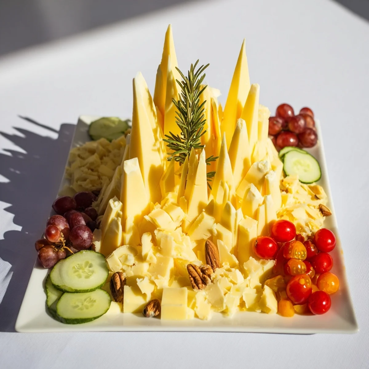 A delectable sculptural cheese landscape features aged cheese mountains, surrounded by fresh fruits and nuts.
