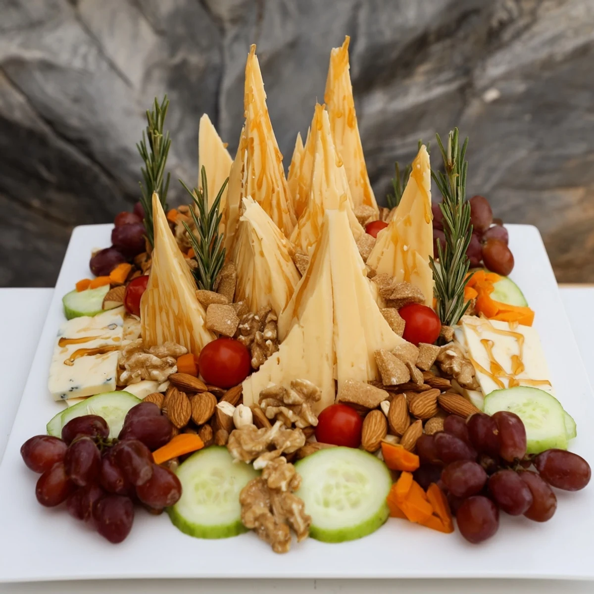Vibrant sculptural cheese landscape, a stunning appetizer arrangement with honey drizzle and baguette paths.