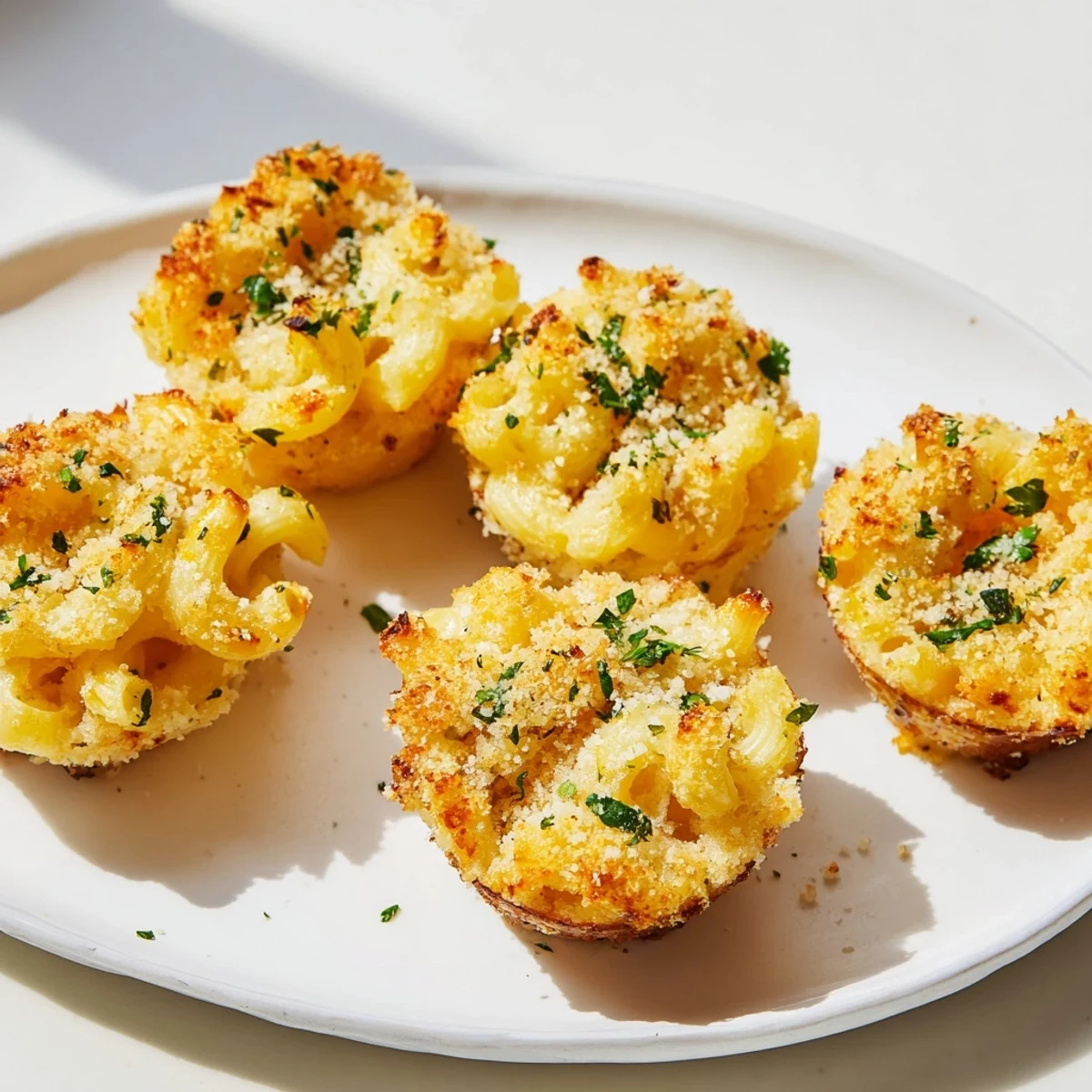 Warm, bite-sized Tinis Mac and Cheese, freshly baked and served, perfect for a comforting snack.