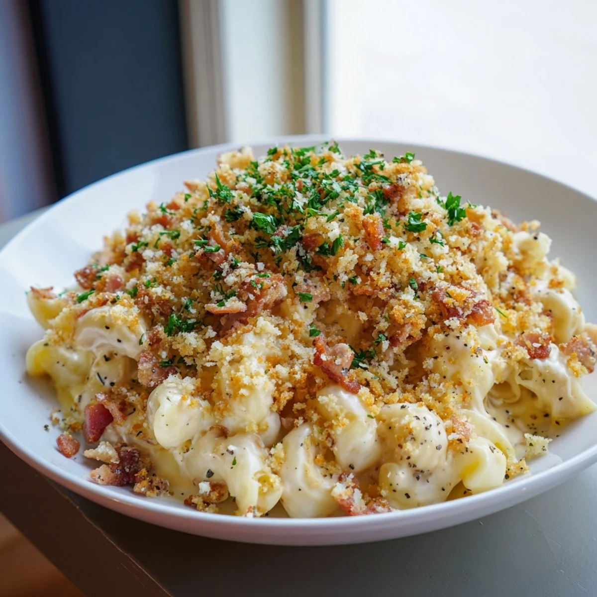 Golden, bubbly Tinis Mac and Cheese with bacon, showing a creamy, cheesy masterpiece with crispy bacon crumbles.