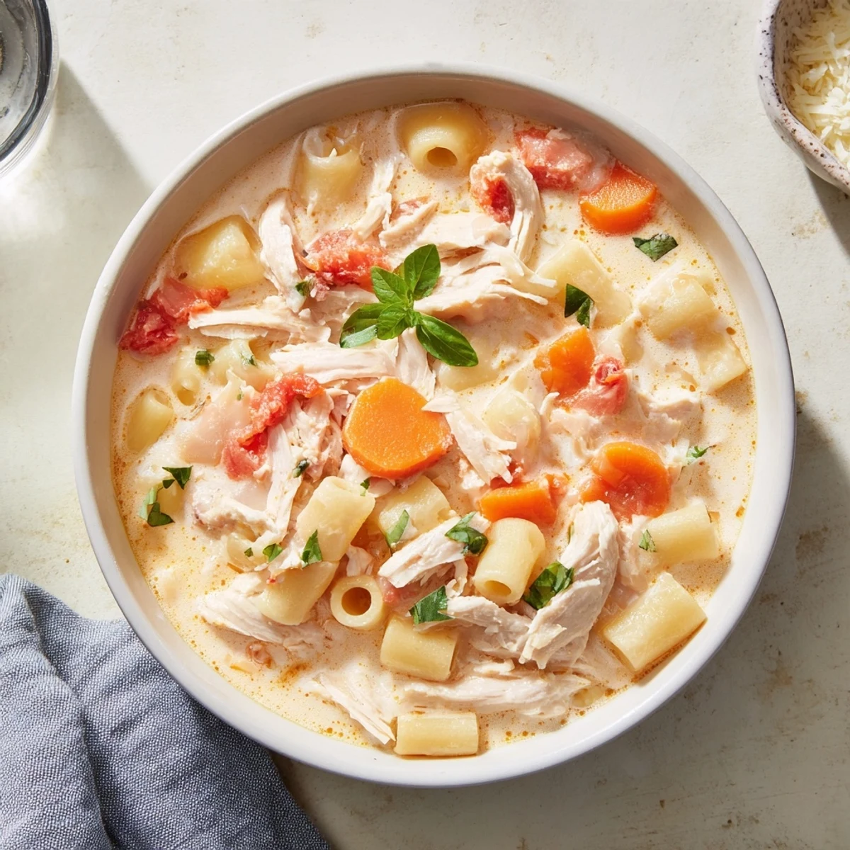 Warm, savory bowl of Marry Me Chicken Soup, enriched with Parmesan and fresh basil garnish.