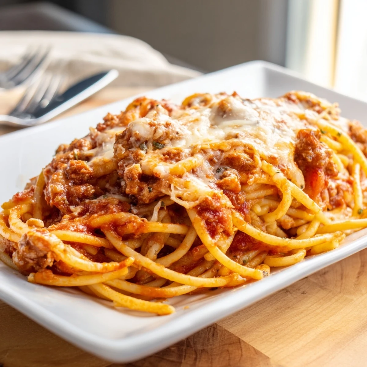 A close-up of Tinis Baked Spaghetti, showing bubbling cheese and perfectly cooked noodles in a casserole.