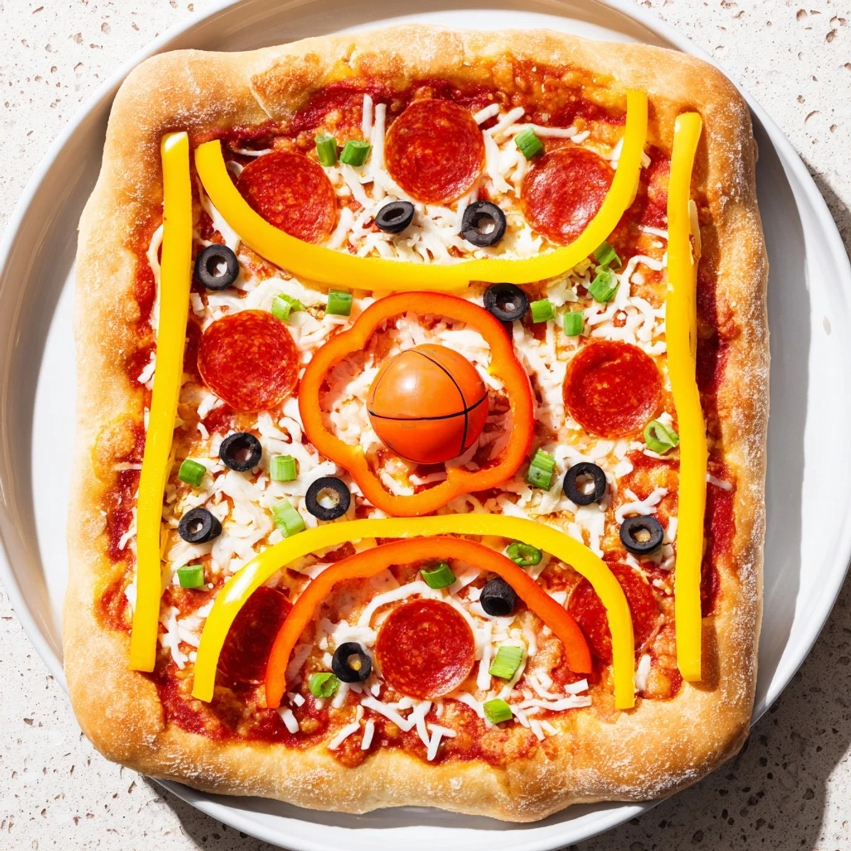 Basketball Court Pizza with baked pepperoni basketballs and vibrant bell pepper court lines, ready to enjoy.