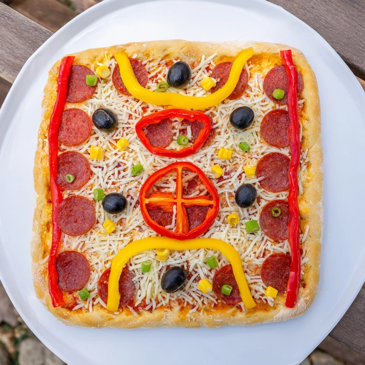 Freshly baked Basketball Court Pizza showing a full basketball court layout, complete with olive free throws.
