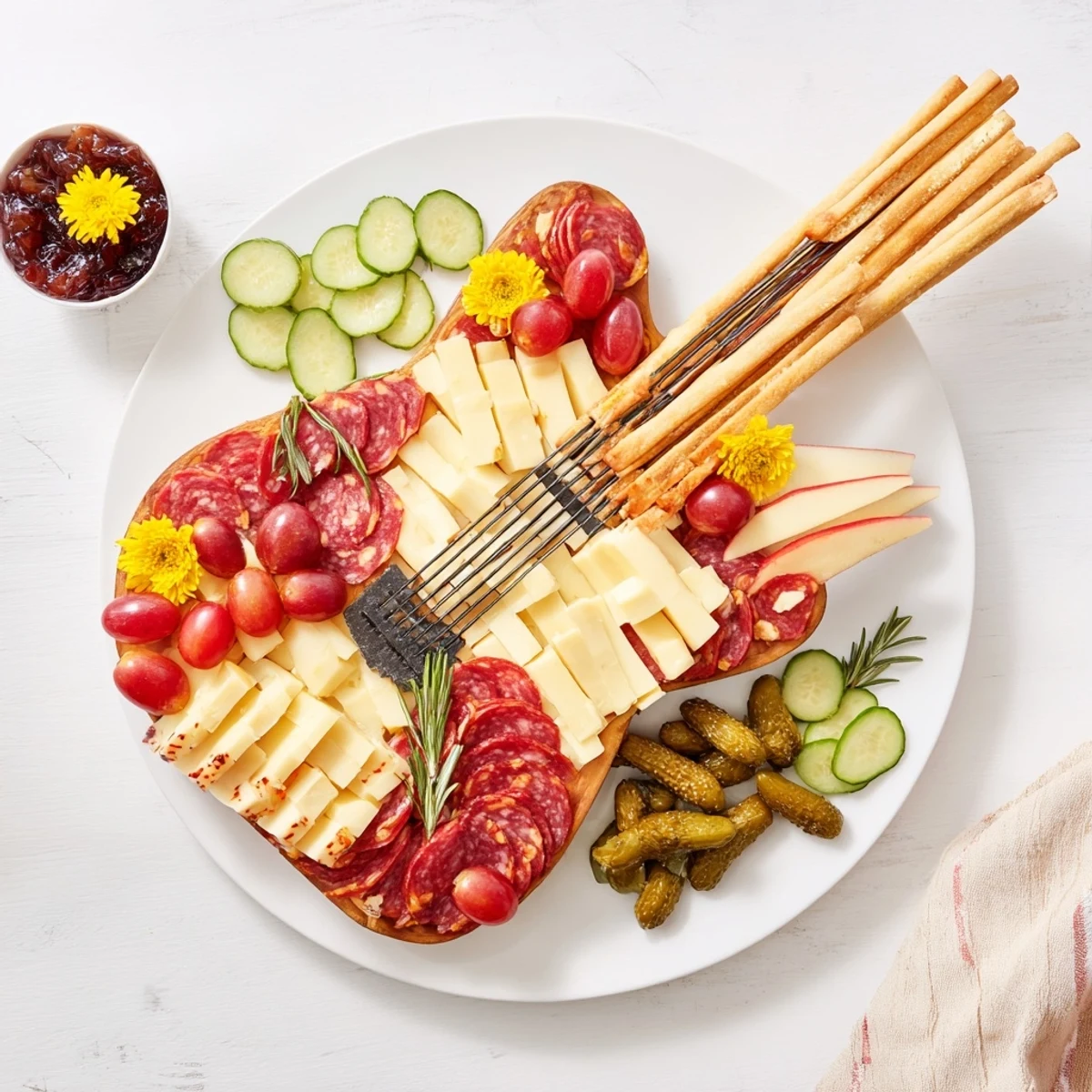 Vibrant Rock Star Guitar Platter party spread with sliced meats, cheeses, and fresh colorful fruits.