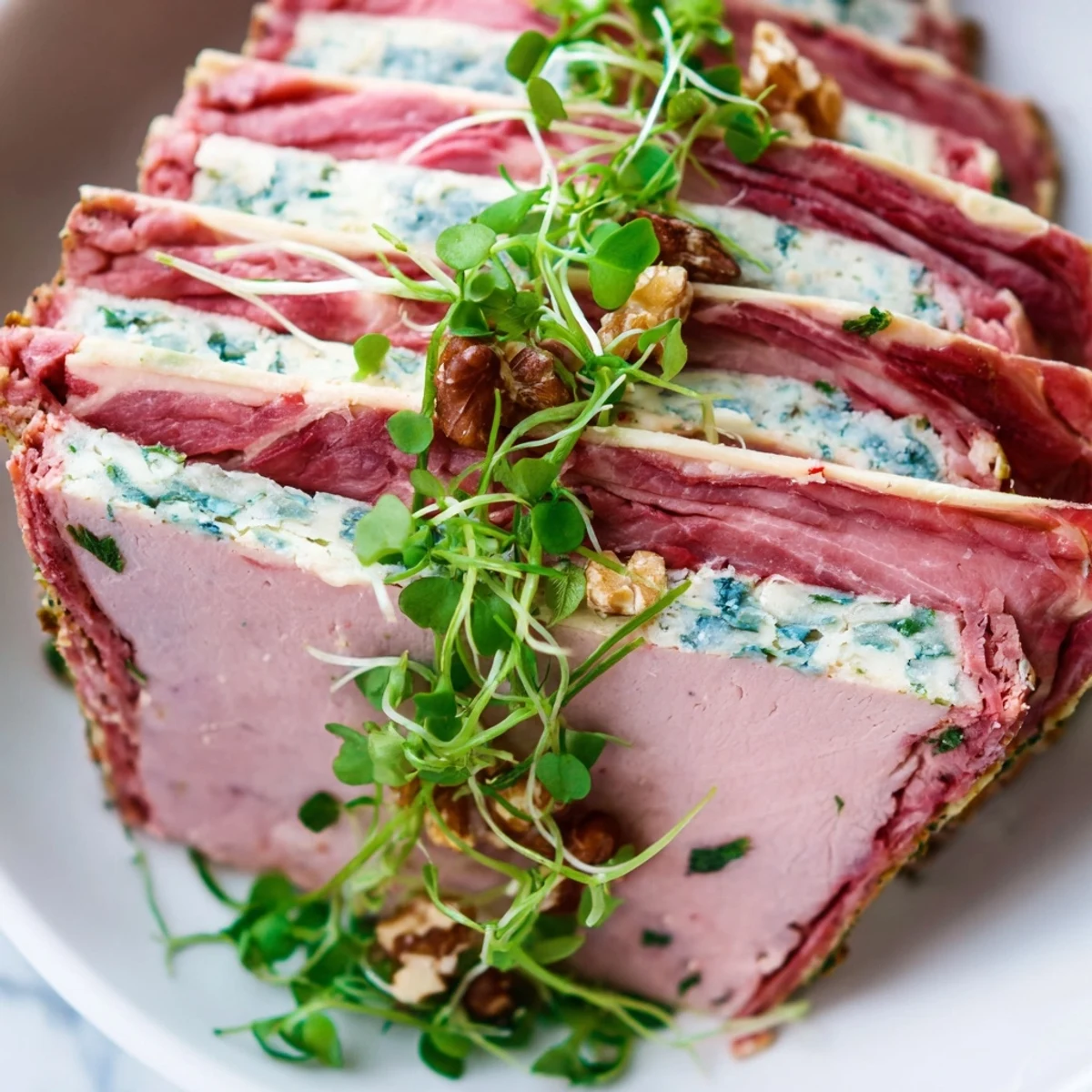 Sliced, layered The Grand Canyon Rim recipe displays a beautiful meat terrine featuring a creamy blue cheese center.