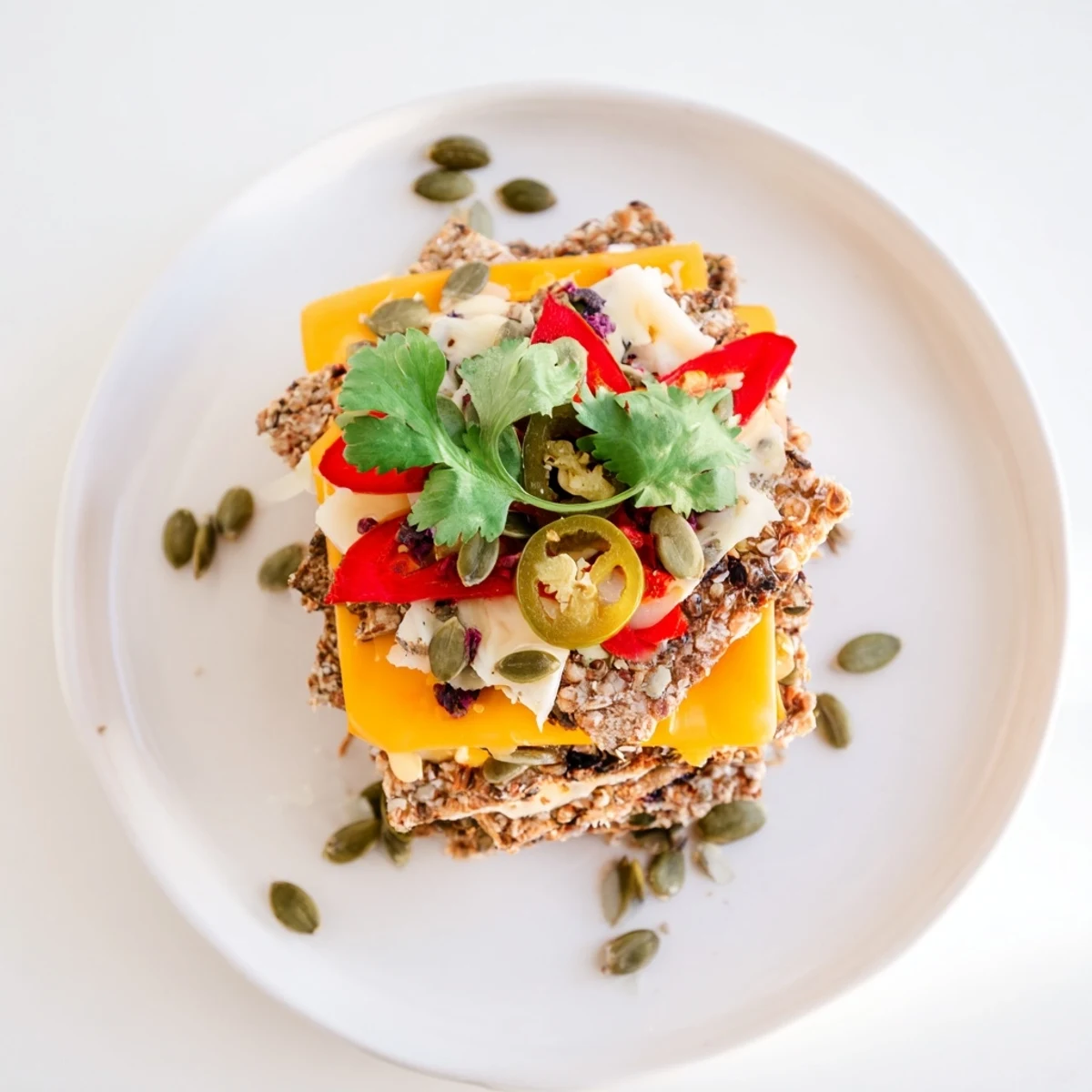 Close-up view of The Southwest Mesa, showcasing layered cheeses and crackers like miniature mesas.