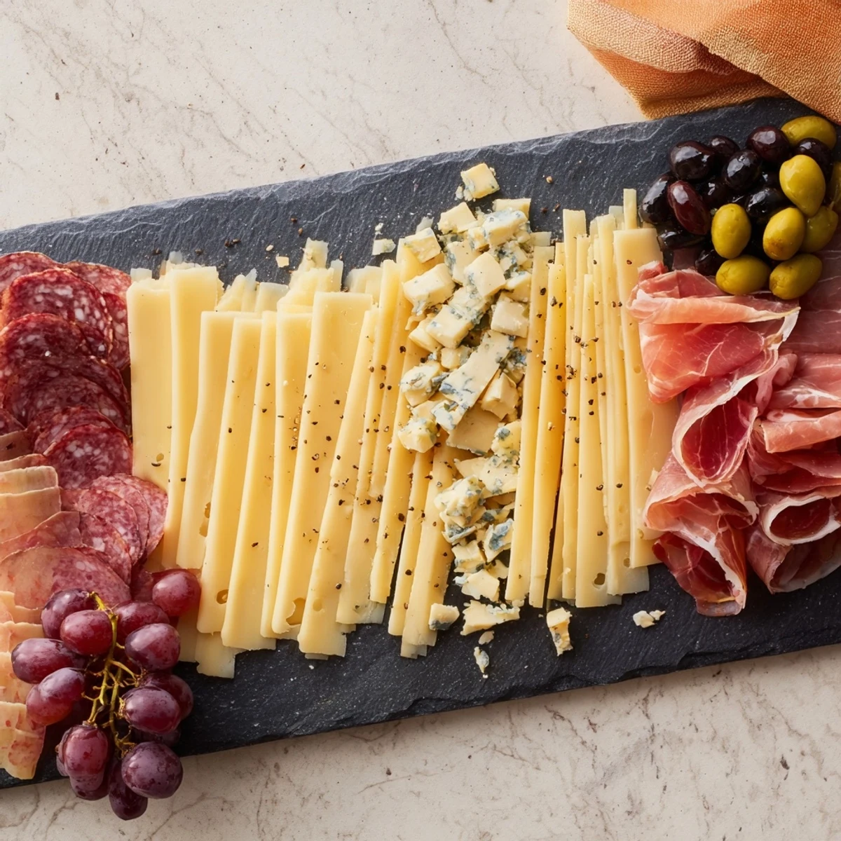Appetizing The Industrial Slate appetizer with cured meats, sharp cheeses, and fresh grapes beautifully displayed.