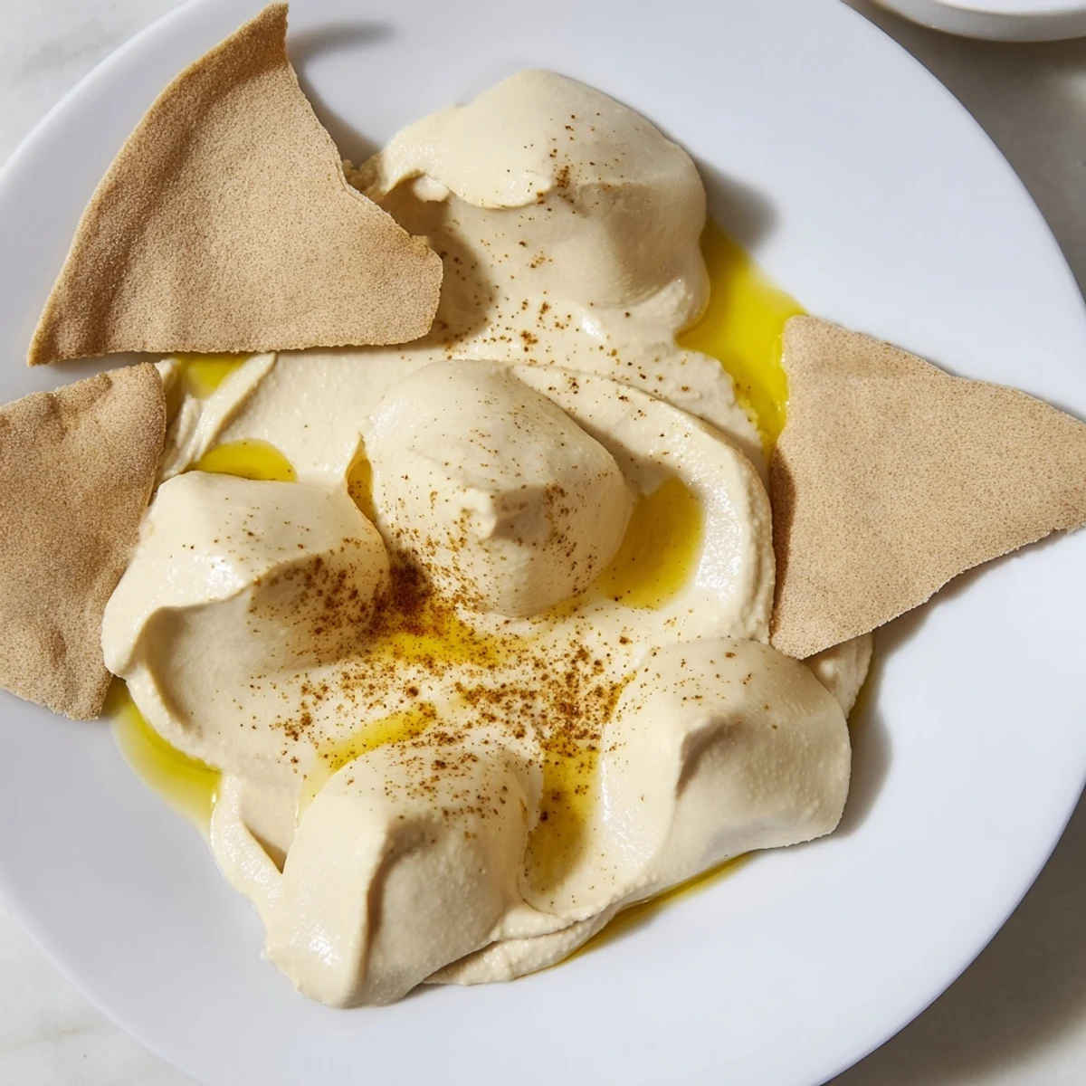The Sahara Dune appetizer offers smooth hummus mounds artfully arranged with golden, spiced pita chips.